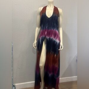 Venus Dress V neck Halter Top Beach Summer Tie Dye Boho Artsy High Slit Large